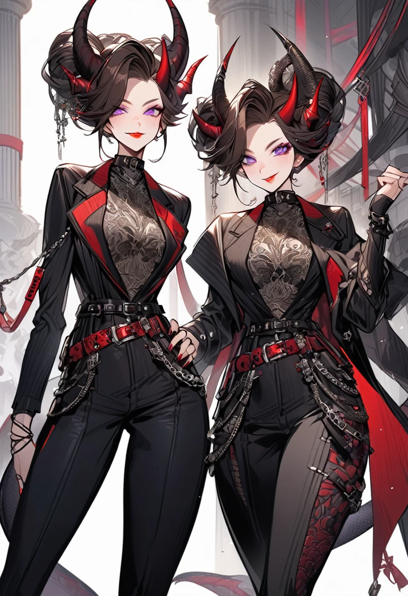 Tall woman, cheeky mad smile, brunette, hair gathered in a low bun, red and black clothes with open chest, purple eyes, dragon tail and horns, belts, pants, many details, light lipstick