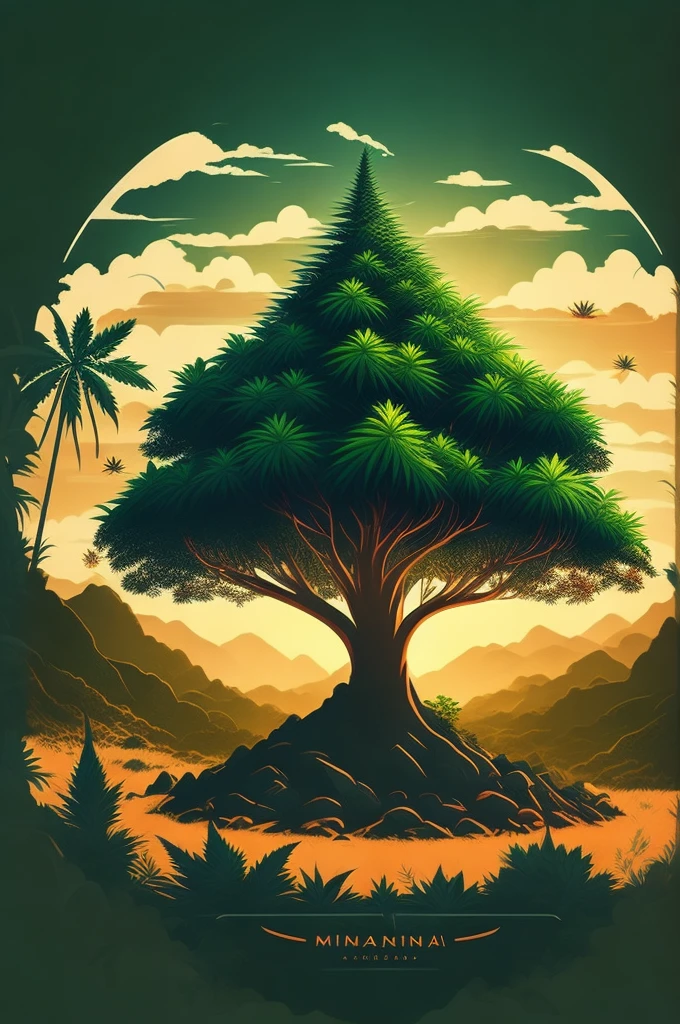 a marijuana tree in the Indonesian landscape, t-shirt design, rzminjornada, vectorial art