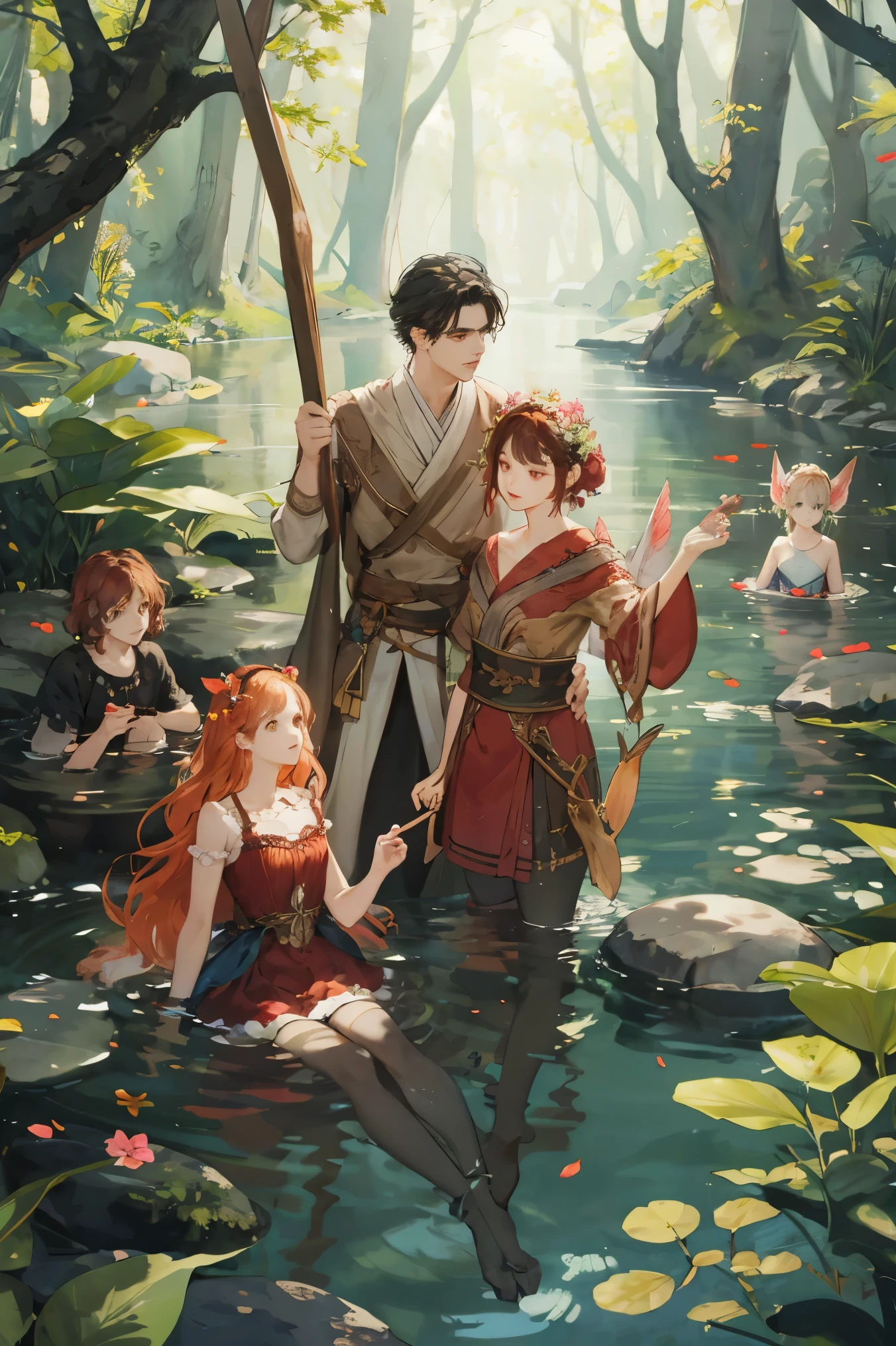 A spring in a fantasy forest, Hylas and the nymphs, 명화 'Hylas and the nymphs'의 판타지판, High drawing quality, Excellent appearance, There are a total of 7 characters, 6 women and 1 man., woman taller than man, Woman napping man to the water, Clothing is underwear only, A woman's seductive eyes