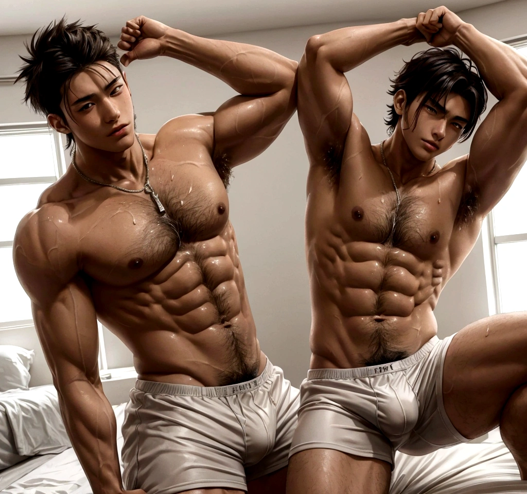 sexy anime boys flexing their sweaty bodies in underwear, shirtless, hairy armpits