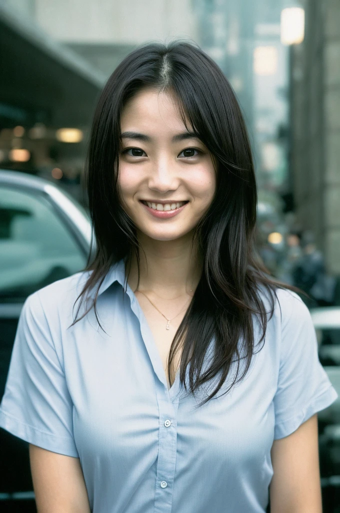 (((One girl,alone))),(Highly realistic photos, High resolution, Detailed face, Beautiful Eyes) Japanese women, 21 years old, Cute face, alone:1, Nice body, Plump figure, Medium chest, ,Hairstyle, Very closely tied, Take a photo book,Dark Sky、darkness、Blade Runner,shirt、Healthy Body,smile