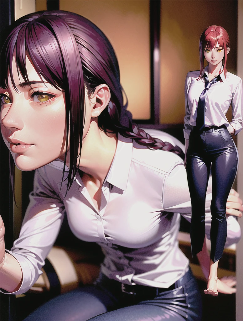 ,high school studee sexual services to viewers:1.2),rosyutugaooi,Japanese,Fine, shiny skin, (Realistic, photo-Realistic:1.4), Pretty girl, Are standing, Looking out the window, White shirt, Collared shirt, Black tie, Black trousers, Long sleeve, smile (Red nose), Yellow Eyes + The eyes are round, short hair + Redhead + Long braided hair, hand \(Chainsaw Man\) 