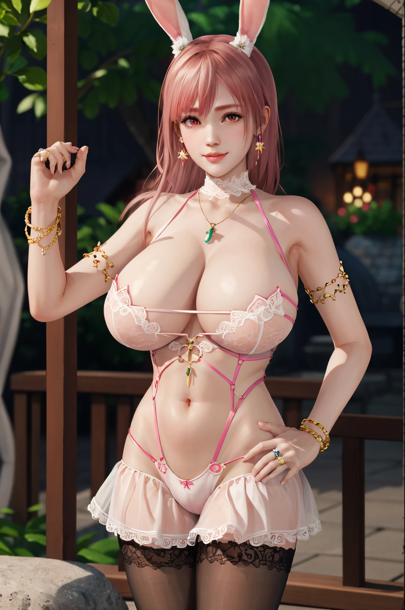 Honoka, Bunny Girl装,bracelet,ring, ,Pink Hair,Huge breasts,Cleavage,Low-cut,Rabbit Tail,pantyhose,cute,necklace,earrings,Rabbit ears,Lace,Red lips,shy,cute,Bunny Girl,Brown eyes,super huge breasts,Leg ring,Coverall,Bodysuit,Lots of meat,miniskirt