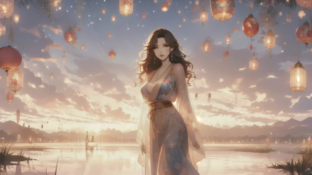 UHD, textured skin, high detail, anatomically correct, SOLO, 1 female, Xian mei, unique golden eyes, long red curly hair, jewelry, round, big breasts, perfect anatomy, walking by the lake, clear water nude, nude, sexy, hot , stars at night, shooting stars, wonderful sky, dear night sky,