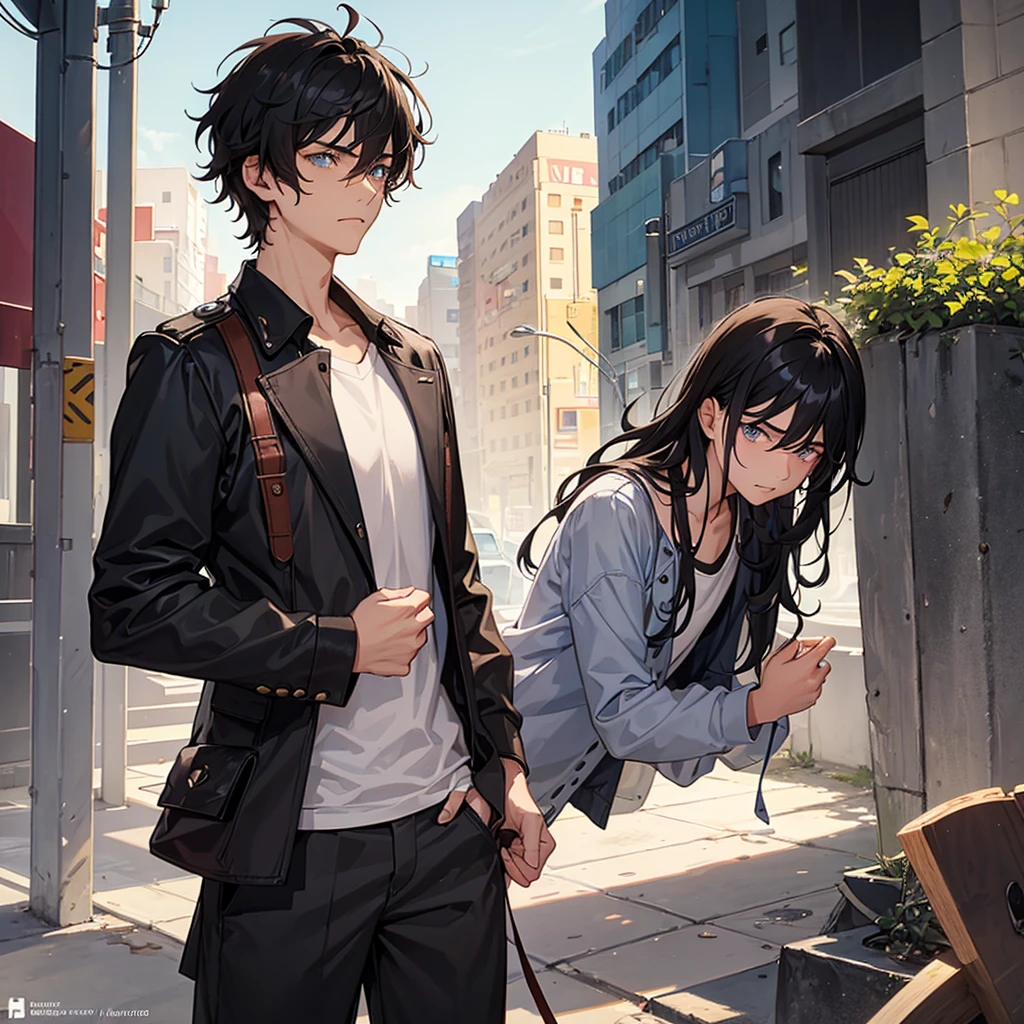 a teenager of approximately 16 years old who is sad because of the end of a relationship. his hair is black and wavy, he has facial hair, but very little, and he also has a beard on his chin