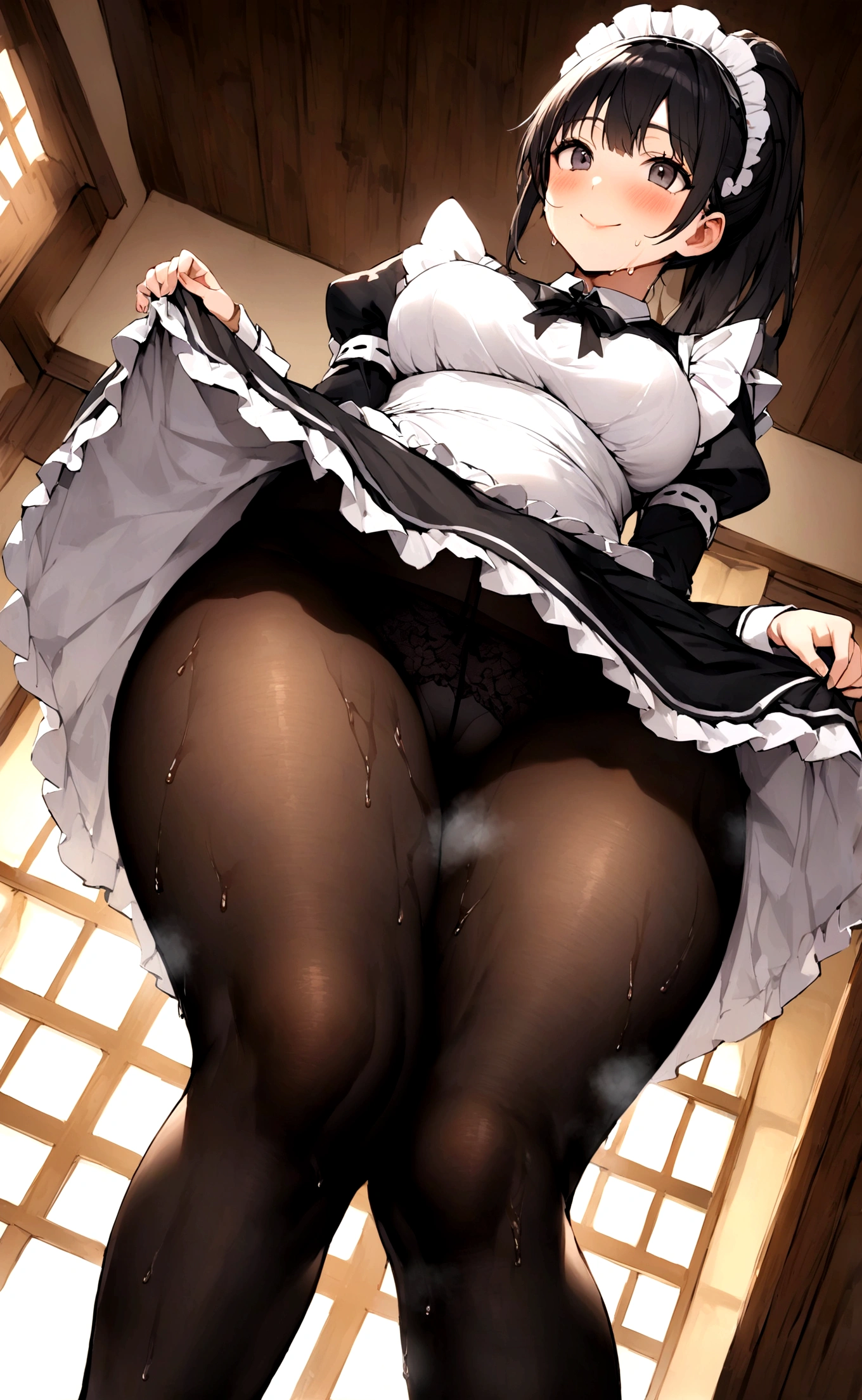 One Woman、One Man、The man is looking up her skirt、Beauty、たくさんのMaid達、Western-style building、Luxury House、淫乱Maid、Maid、Maid服、Age 25、master, ponytail, Highest quality, Focus on the thighs, smile,  Black Pantyhose, panties under pantyhose、Plump thighs、Big Ass、Big 、 Black Hair,My thighs are steaming between the legs 、Sweaty pantyhose、Angle from directly below、Wiping large windowasterから股間を指で触られる