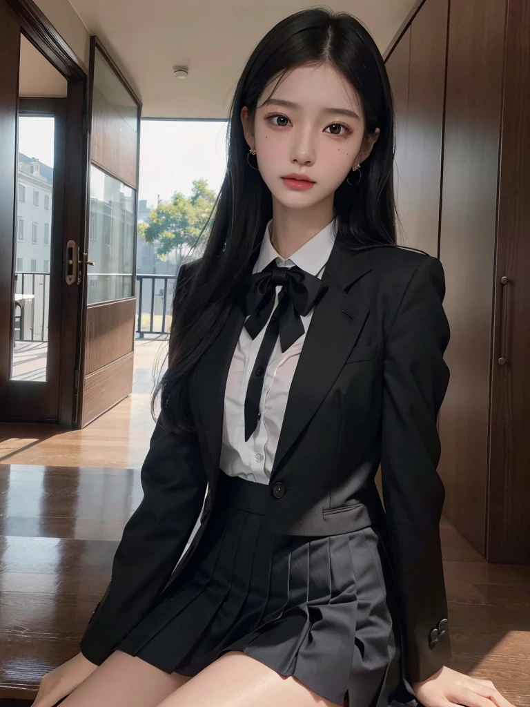 absurdres, RAW photo, extremely delicate and beautiful, masterpiece, Best Quality, ultra high resolution, 32k, hyperrealistic, ultra-detailed, delicate facial features, beautiful detailed woman, tearful mole, earring, medium breasts, full body shot, medium hair, black hair, (school_uniform), blazer, skirt,
