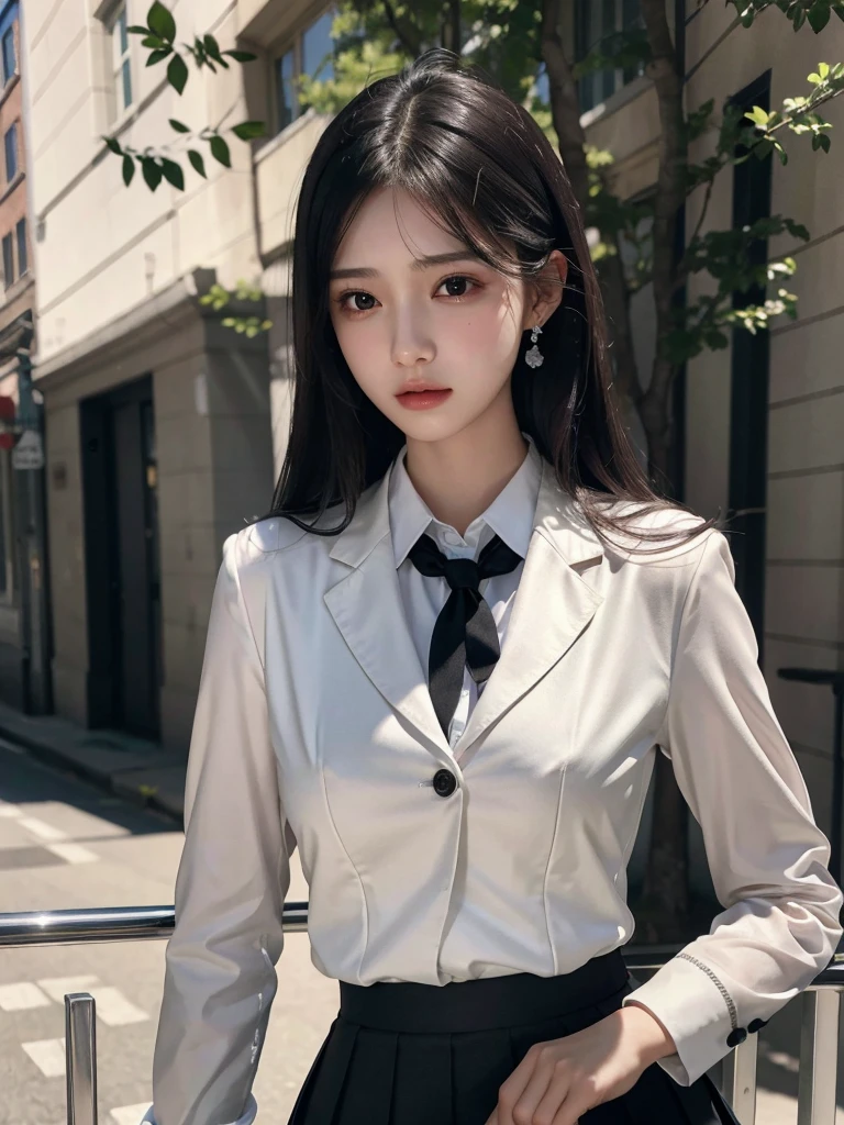absurdres, RAW photo, extremely delicate and beautiful, masterpiece, Best Quality, ultra high resolution, 32k, hyperrealistic, ultra-detailed, delicate facial features, beautiful detailed woman, tearful mole, earring, medium breasts, full body shot, medium hair, black hair, (school_uniform), blazer, skirt,