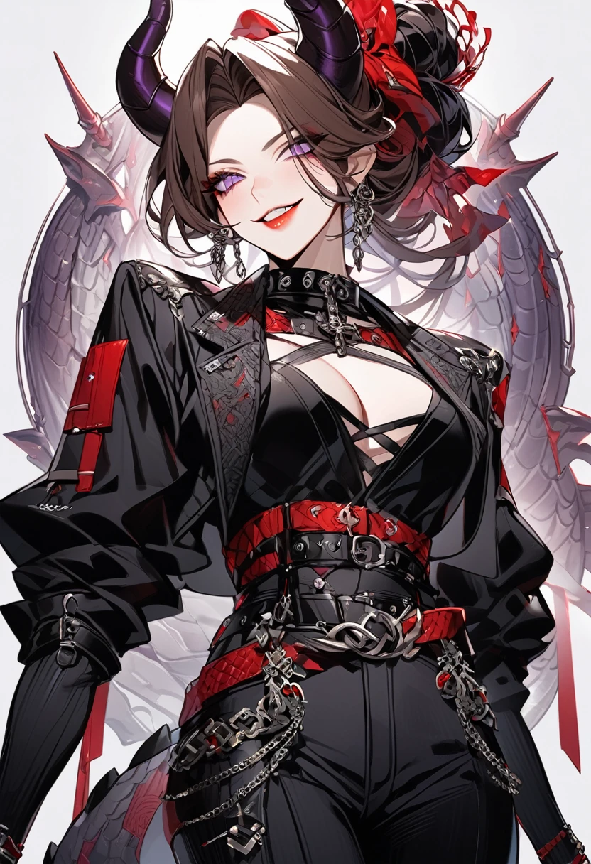 Tall woman, cheeky mad smile, brunette, hair gathered in a low bun, red and black clothes with open chest, purple eyes, dragon tail and horns, belts, pants, many details, light lipstick