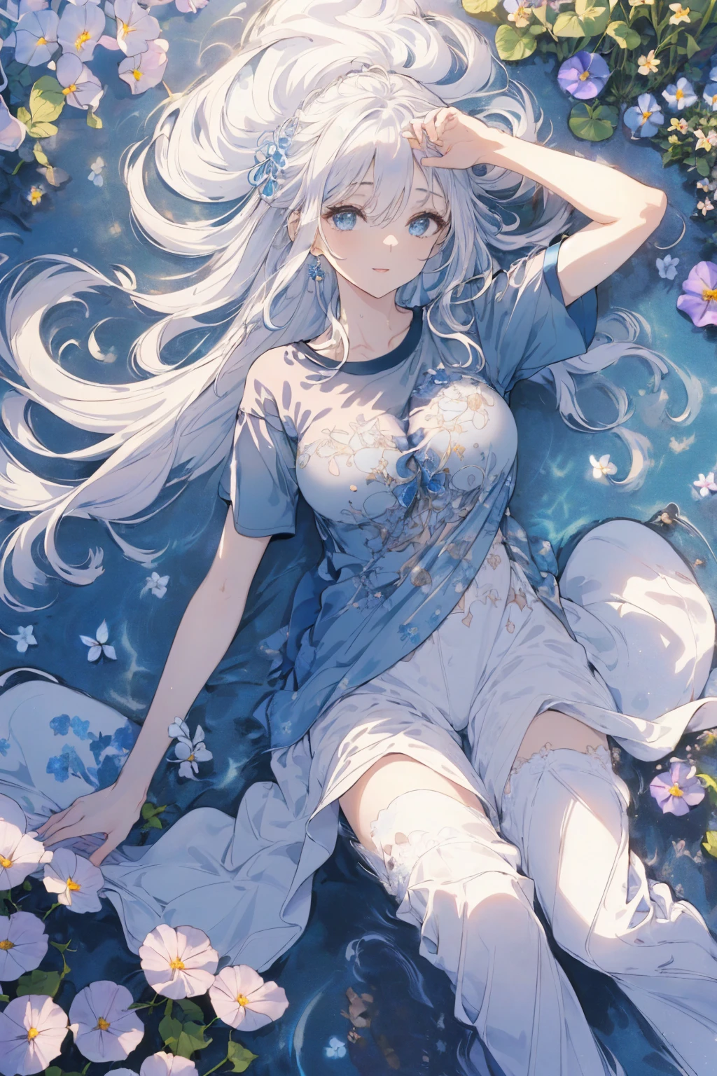 (water photo:1.1,simple t-shirt, in blue waterfront garden:1.5), Masterpiece, best quality, (very detailed CG unity 8k wallpaper), (best quality), High definition RAW color art, Animation,sculptures, (black Marble Skin), (((Ultra detailed elegant))), Magical atmosphere, Detailed skin, Texture,(Intricately detailed, Fine detail, ultra-detail art), depth of fields, bokeh, Silky Touch, Hyper Detail, beautiful eyes, Elegant Face, (lying on pastel white waterfront, morning glory), sparkle background, enormous breast:1.3, (silver hair), pastel purple, embarrassing smiley face, wide open udder, overall
