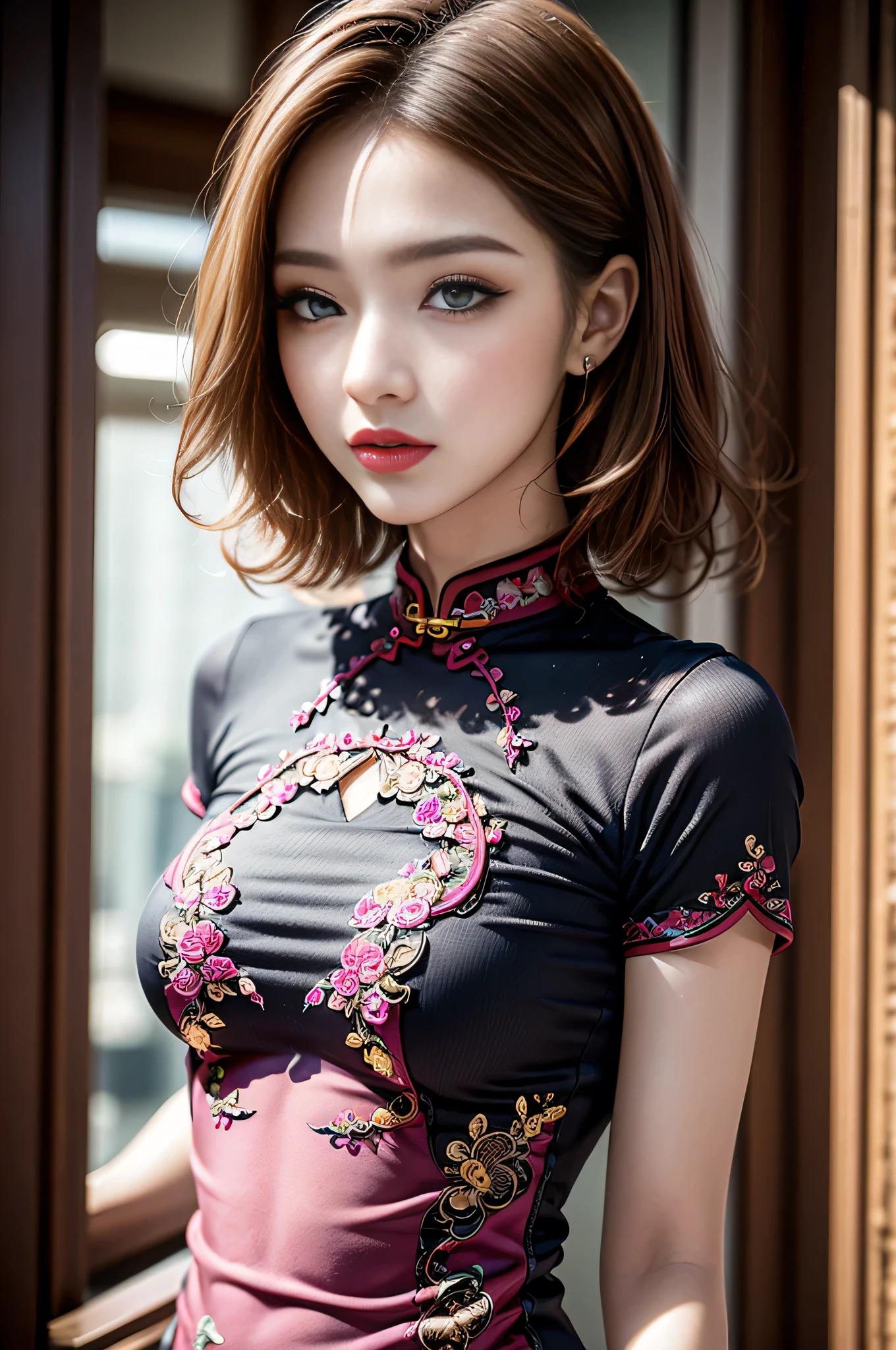 (absurd quality、8k、16k、high-res、 masterpiece:1.2)、ultra detailed、UHD、(realism、photorealistic)、(1woman:1.3 22-year-old)、BREAK、brown_eyes:1.21、((Fujicolor、daytime soft lighting)、fashion supermodel、(firm normal breasts)、(perfect proportions)、(anatomically correct)、((perfect female body))、((curly hair:1.3(slicked to the two side)Intricately detailed))、(BREAK pink_makeup:1.2)、(detailed symmetrical lips:1.3))、BREAK、pink_lipstick:1.21、BREAK (perfect dark_eyeshadows:1.3)、(Detailed nose:1.2)、(perfect composition)、(BREAK、Classic and sexy Intricately detailed blue cheongsam、Detailed decoration:1.2)、(Fitted clothing:1.3)、dynamic pose
