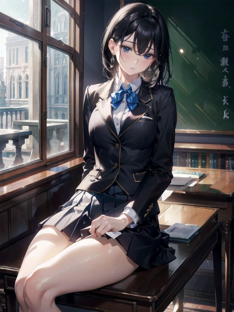 absurdres, RAW photo, extremely delicate and beautiful, masterpiece, Best Quality, ultra high resolution, 32k, hyperrealistic, ultra-detailed, delicate facial features, beautiful detailed woman, tearful mole, earring, medium breasts, full body shot, medium hair, black hair, (school_uniform), blazer, skirt,