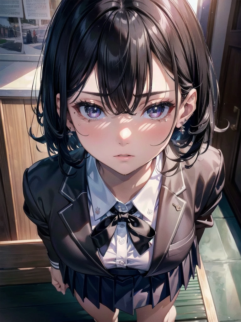 absurdres, RAW photo, extremely delicate and beautiful, masterpiece, Best Quality, ultra high resolution, 32k, hyperrealistic, ultra-detailed, delicate facial features, beautiful detailed woman, tearful mole, earring, medium breasts, full body shot, medium hair, black hair, (school_uniform), blazer, skirt,