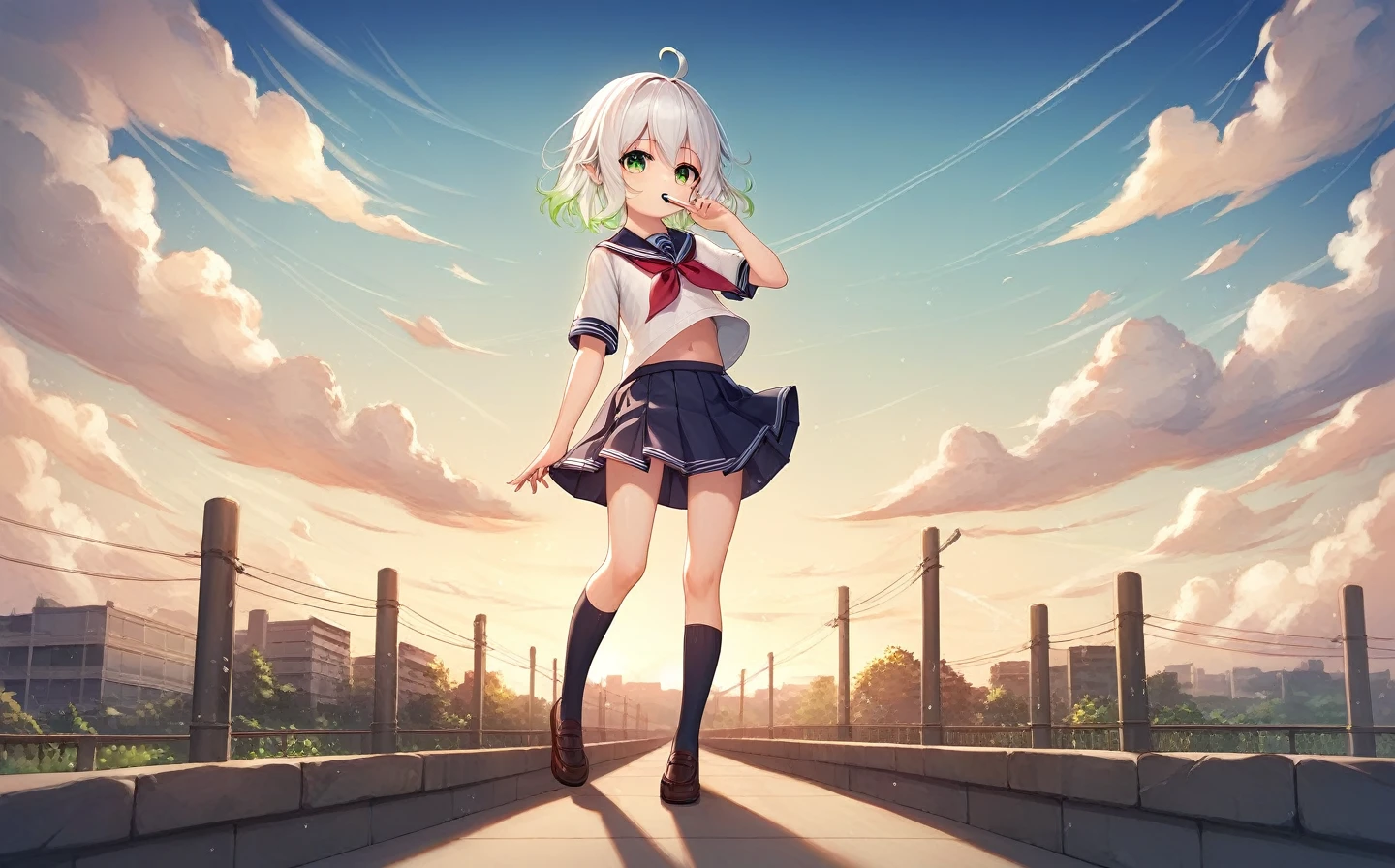 nahida, masterpiece, best quality, masterpiece,best quality,official art,extremely detailed CG unity 8k wallpaper, sky, game_cg, loli, loli, short hair, white hair, gradient hair, ahoge, light blush, gradient_eyes, green eyes, seifuku, kneehighs, uwabaki, hand_to_mouth