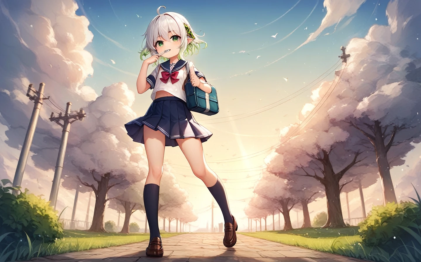 nahida, masterpiece, best quality, masterpiece,best quality,official art,extremely detailed CG unity 8k wallpaper, sky, game_cg, loli, loli, short hair, white hair, gradient hair, ahoge, light blush, gradient_eyes, green eyes, seifuku, kneehighs, uwabaki, hand_to_mouth