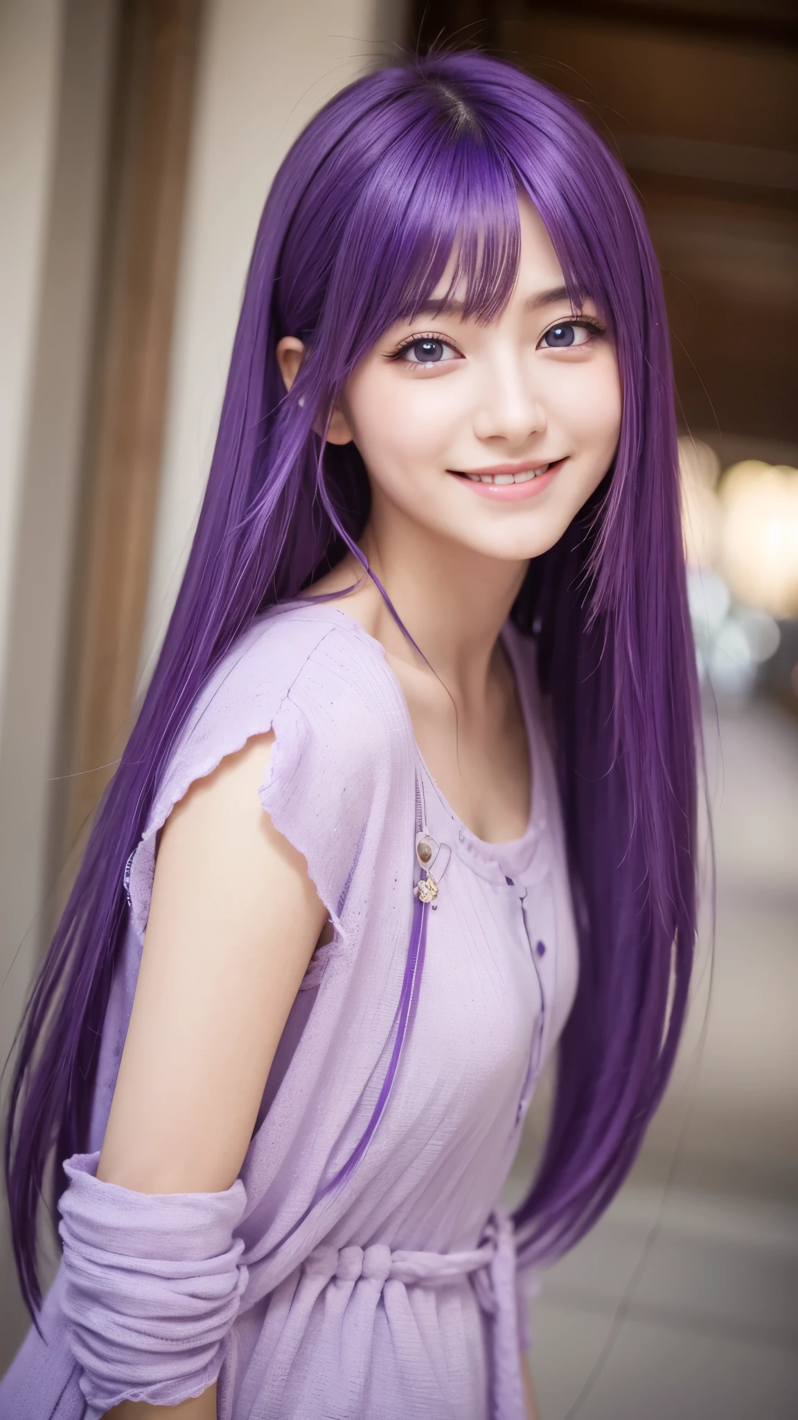 最high quality, high quality, pretty girl, alone, beautiful purple hair, Beautiful purple eyes, A light smile,