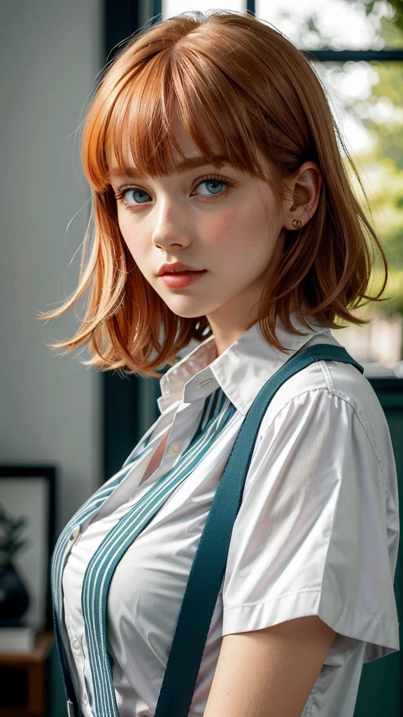 (best quality, masterpiece, beautiful and aesthetic:1.2, colorful, dynamic angle)((Full shot)), (highly detailed illustration), science fiction, extreme detailed, colorful,35mm, bokeh, 9:16, (intricate details, hyperdetailed:1.15), detailed, sunlight passing through hair (high contrast, official art, extreme detailed, highest detailed),
1girl, l3e1o057h-smf, solo, realistic, shirt, blue eyes, looking at viewer, lips, red hair, parted lips, short hair, upper body, striped shirt, white shirt, suspenders, short sleeves, blurry, nose, bangs, orange hair, indoors, blunt bangs, green eyes, blurry background, portrait