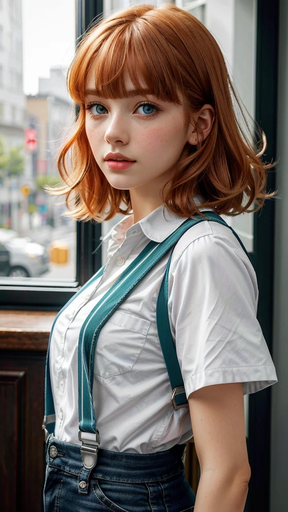 (best quality, masterpiece, beautiful and aesthetic:1.2, colorful, dynamic angle)((Full shot)), (highly detailed illustration), science fiction, extreme detailed, colorful,35mm, bokeh, 9:16, (intricate details, hyperdetailed:1.15), detailed, sunlight passing through hair (high contrast, official art, extreme detailed, highest detailed),
1girl, l3e1o057h-smf, solo, realistic, shirt, blue eyes, looking at viewer, lips, red hair, parted lips, short hair, upper body, striped shirt, white shirt, suspenders, short sleeves, blurry, nose, bangs, orange hair, indoors, blunt bangs, green eyes, blurry background, portrait
