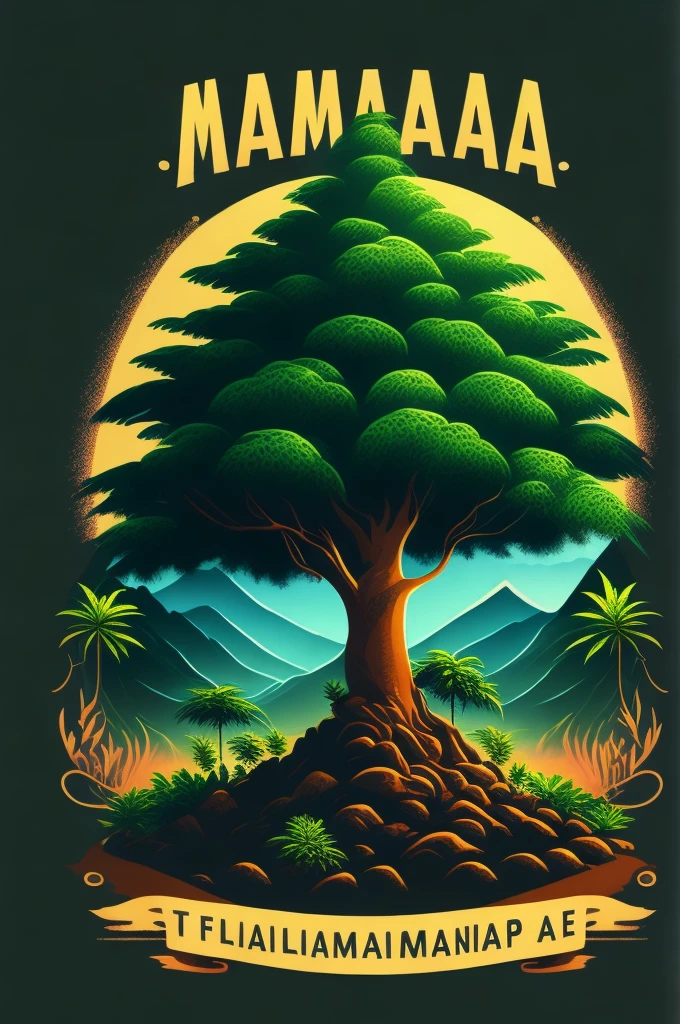 A t-shirt with a marijuana tree in the Indonesian landscape, t-shirt design, rzminjornada, vectorial art