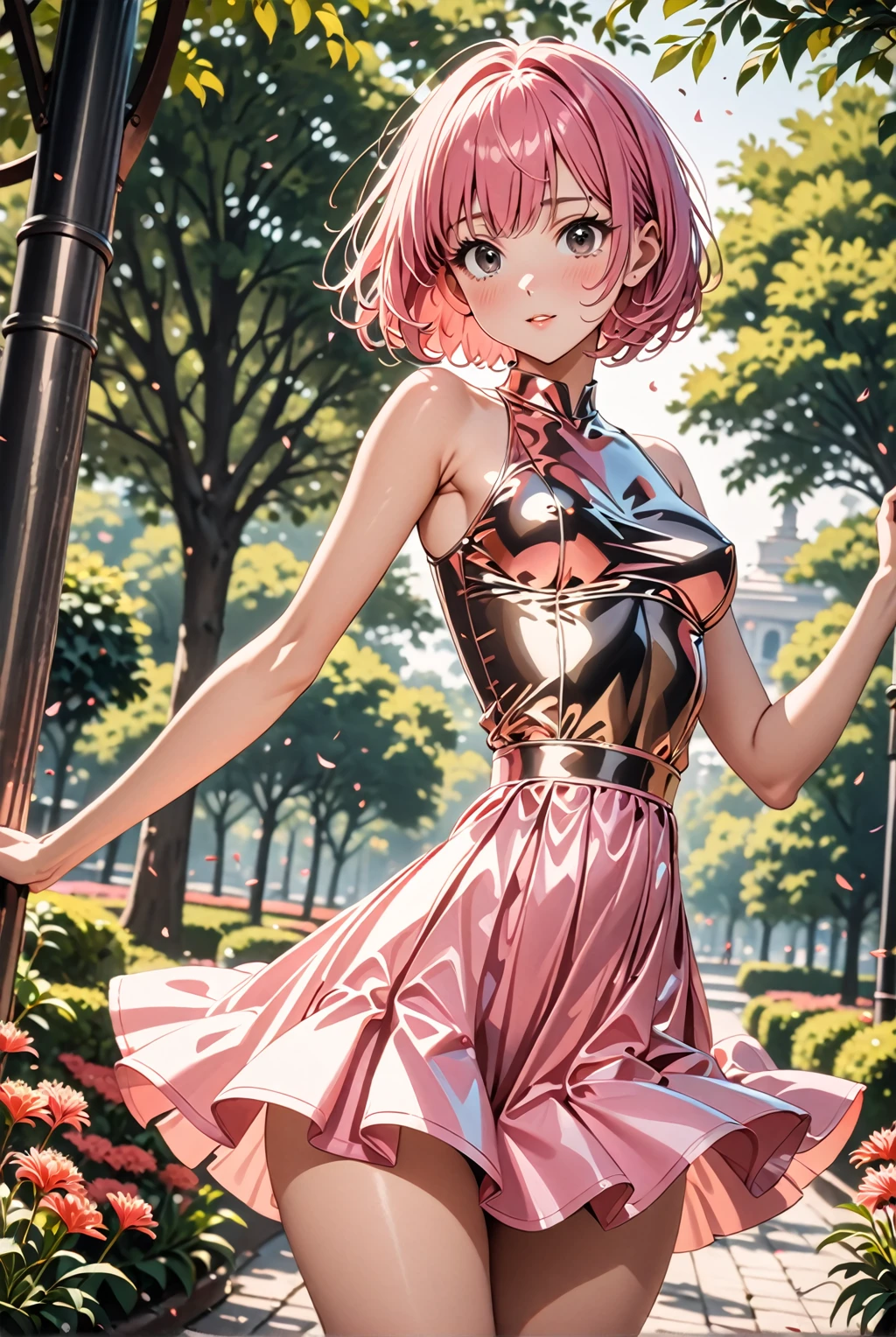 (High waist skirt, sexy dress), (solo), lycoris recoil, (1 cute girl), sexy, 25 years old, drooping eyes, (masterpiece:1.2), (best quality:1.2), (very aesthetic:1.2), (absurdres:1.2), (detailed background),newest,ai-generated, (((Pink hair, short hair, bob cut, black eyes))), (visible nipples:0.7), (camel toe:0.3),  Cute face, medium_breasts, ((Thin thighs)),Bright park, dynamic poses, Metallic Outfit,