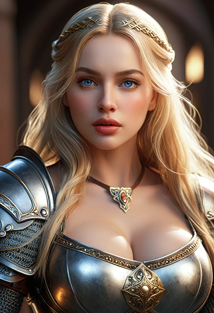 1 woman, medieval, queen, Caucasian, light skin, blue eyes, plump lips, absolutely beautiful face, large breasts, cleavage, wide hips, elegant battle armour, heavy cleavage, straight blonde hair, detailed skin, skin detail, (best quality,4k,8k,highres,masterpiece:1.2),ultra-detailed,(realistic,photorealistic,photo-realistic:1.37),dramatic lighting, surprised face 