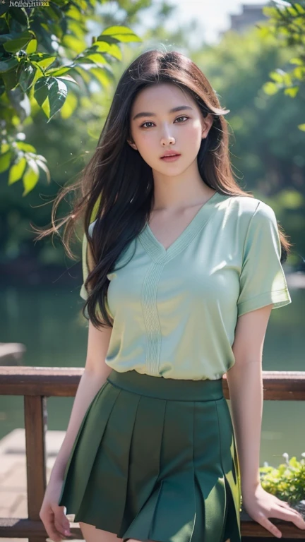 8K, masterpiece, original photo, best quality, actual, Extremely detailed CG unified 8k wallpaper, Depth of Field, Cinematic light, lens flare, Ray tracing, (extremely beautiful face, beautiful lips, beautiful eyes), complex and detailed face, ((Super delicate skin), Photos of beautiful girls, cute high school girl, green blouse, Black pleated skirt, perfect face, 18 years old, (Large target), high goals, Backlight, (actual), (masterpiece),(Super real)(8K),contest winning masterpiece, Shot with Sony alpha 9, Shot with Sony A7 III, Shot with Canon EOS R 6, Shot with Canon EOS R 5, Shot with Canon EOS R5, masterpiece works of art.