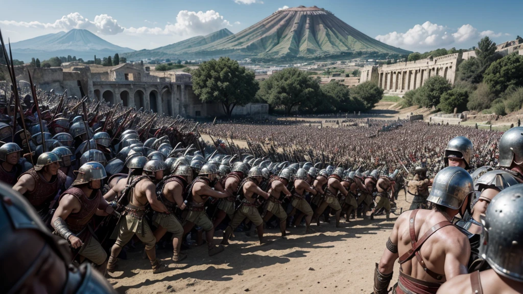 An epic image depicting the revolt of Spartacus, showing gladiators and slaves in a fierce battle against the Roman legions. The scene captures the intensity of the fight for freedom, with Spartacus bravely leading his men against a well-equipped army. In the background, Mount Vesuvius can be seen, symbolizing the symbolic beginning of the revolt.