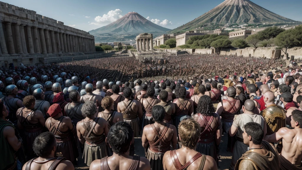 An epic image depicting the revolt of Spartacus, showing gladiators and slaves in a fierce battle against the Roman legions. The scene captures the intensity of the fight for freedom, with Spartacus bravely leading his men against a well-equipped army. In the background, Mount Vesuvius can be seen, symbolizing the symbolic beginning of the revolt.