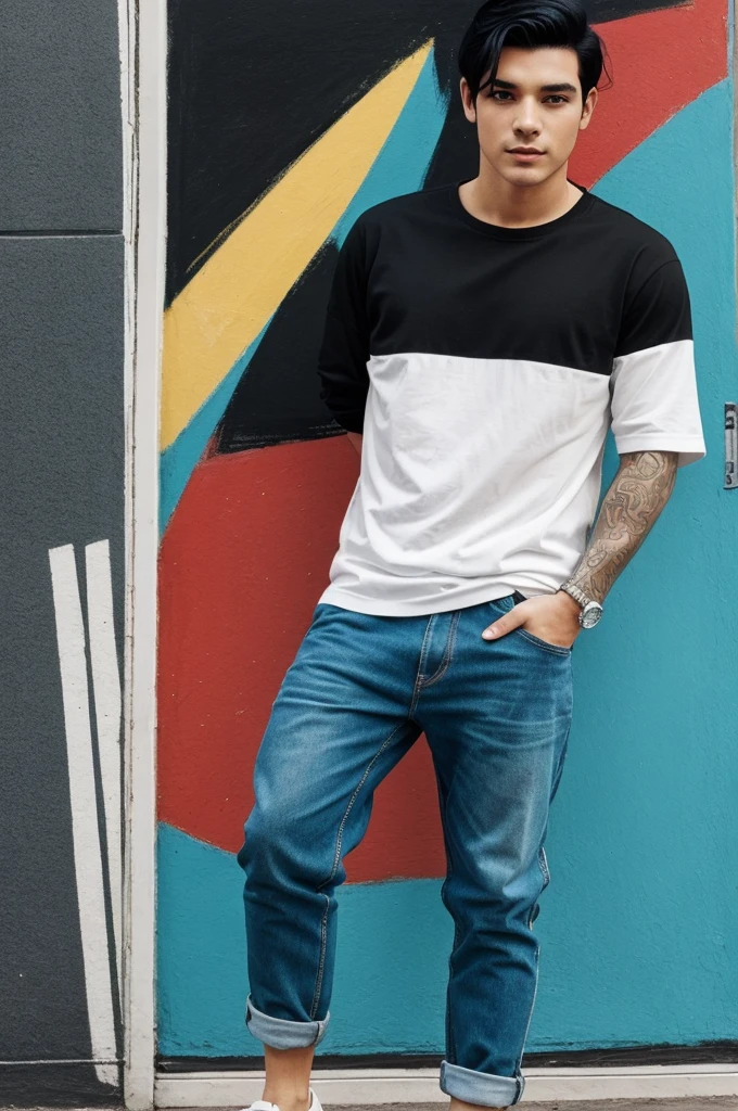 Animated style sketch, YOUNG, moreno, blue-black hair, pose, whole body, Casual clothes