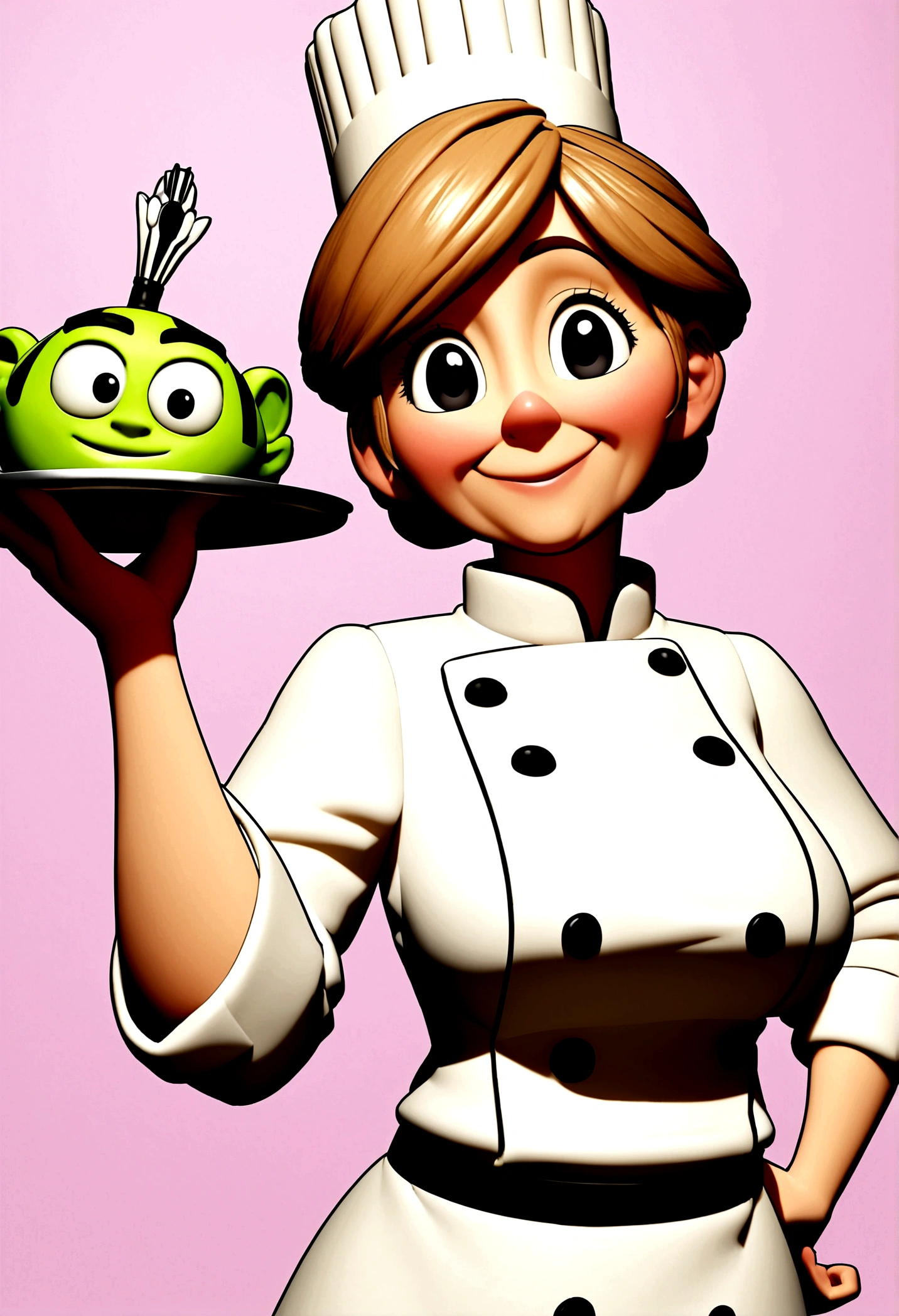 a 3D movie poster movie poster style disney-pixar, 40 year old woman, black eyes, long light brown hair, beautiful smile, wearing a chef's outfit, holding a tray, on light pink background