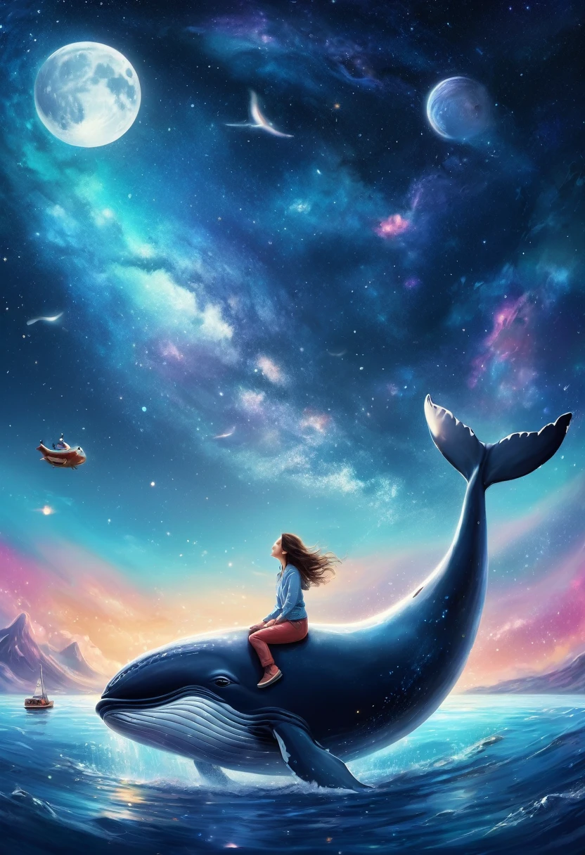 A woman riding on a whale with a dog, a magical whale in space, a flying whale, a sky whale, a whale floating between the stars, a cosmic whale, a whale drifting through the ocean of the universe, a galaxy whale, a whale floating in space, a sparkling whale, ✨🕌🌙, whimsical art, they are chasing after the whale, a whale, sitting on the moon.
(best quality, 4k, highres, masterpiece:1.2), ultra-detailed, (realistic,photorealistic,photo-realistic:1.37), HDR, UHD, studio lighting, ultra-fine painting, sharp focus, physically-based rendering, extreme detail description, professional, vivid colors, bokeh, portraits, landscape, sci-fi, concept artists, vibrant colors, soft lighting.