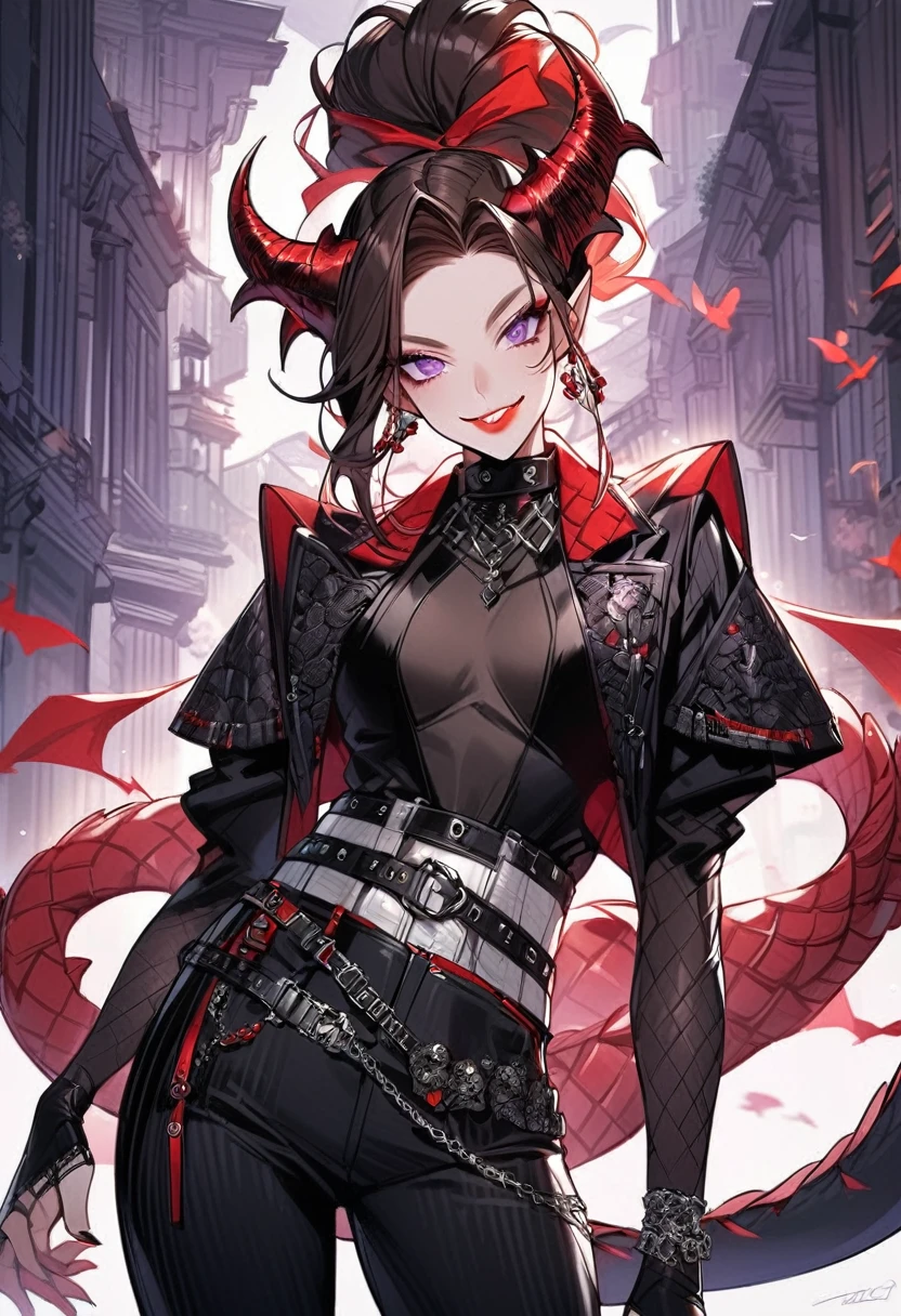 Tall woman, cheeky mad smile, brunette, hair gathered in a low bun, red and black clothes with open chest, purple eyes, dragon tail and horns, belts, pants, many details, light lipstick