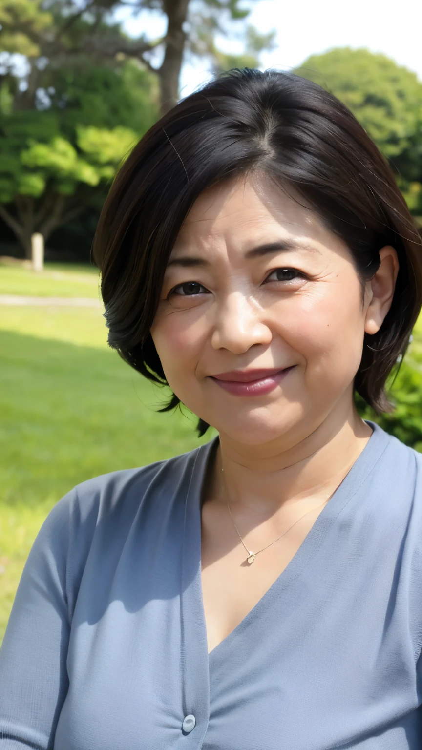 最high quality, In 8K, Masseter region, Genuine, Sharp focus, high quality, High resolution, Detailed face, fine grain, Thick lips, Background Blur, alone, Middle-aged women, , 65 years old, , Wavy Hair, Cleavage, Wearing a plain short-sleeved knit, sitting on a park bench, Wrinkles around the eyes, Smiling with teeth showing