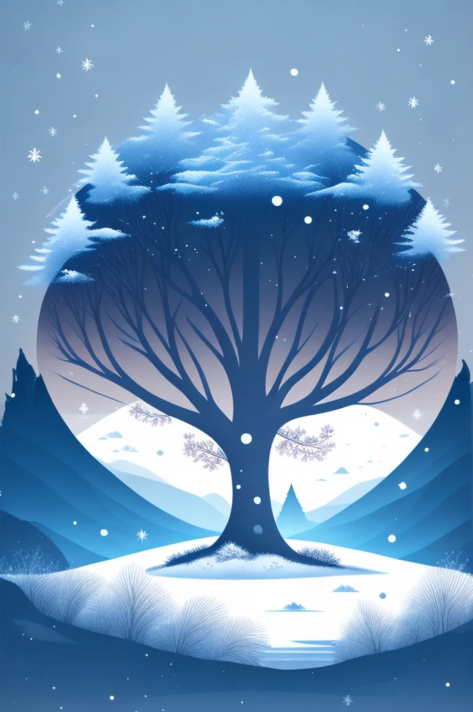 a spruice tree in a winter landscape, t-shirt design, rzminjornada, vectorial art