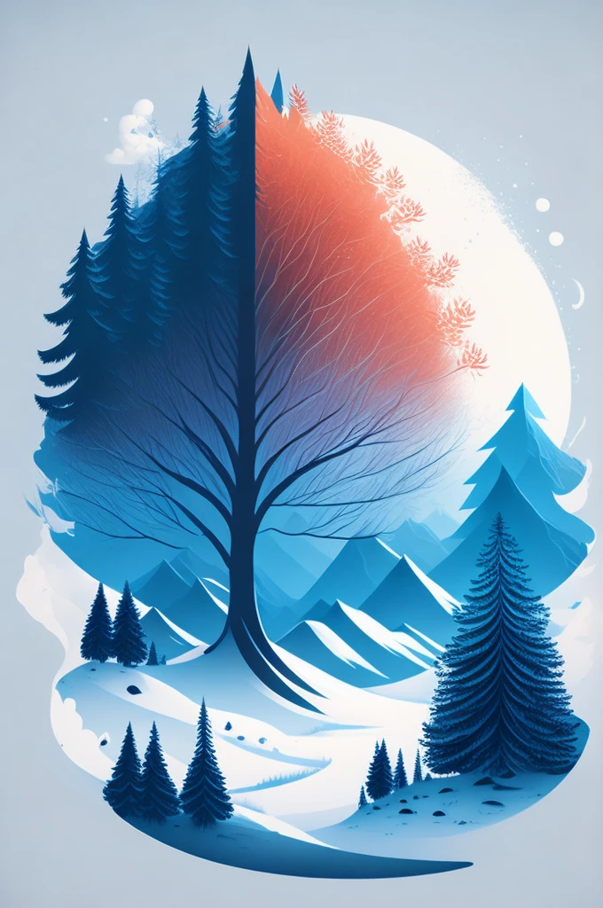 a spruice tree in a winter landscape, t-shirt design, rzminjornada, vectorial art