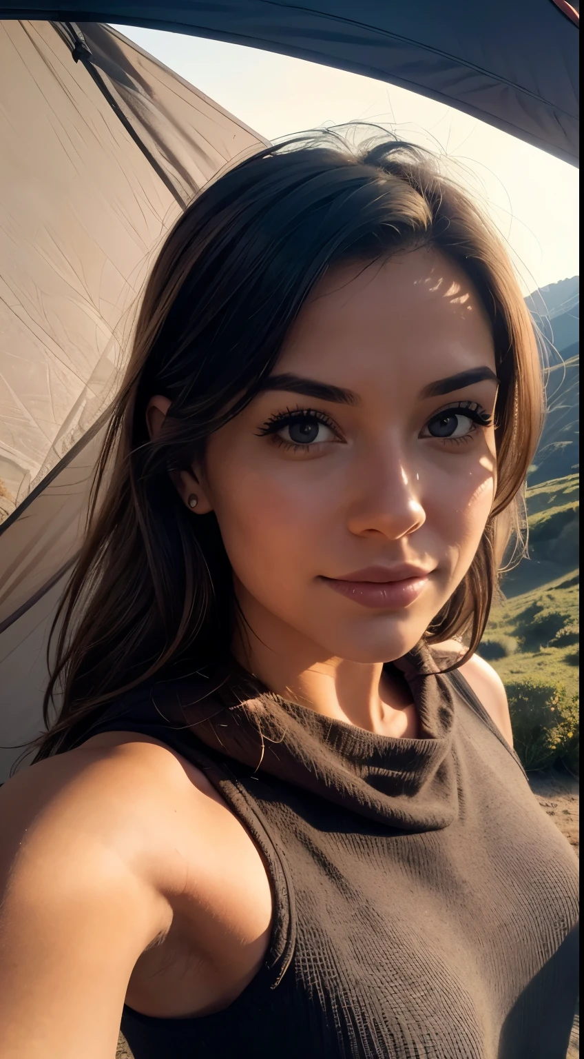 1 woman, American, Beautiful, ((upper body selfie, happy)), Filming in a tent, Beautiful lighting, Tent opening sign,masterpiece, Amateur photo, One, exteriors, (night), mountains, nature, (star, moon) cheerful, happy,, Cozy in a sleeping bag, Inside the tent, When you open the tent, You can see the good riders outside..., woods, rock formations, rivers, wood, smoke, ghostly, contrast, Clear sky, analog style (I look at the viewer:1.2) (Skin texture) (Granularity:1.3), (warm shade, warm tone:1.2), close-up, cinematic light, Side lighting, Ultra high resolution, The best shadows, ..RAW, upper body, wear a pullover, Relaxed and intimate photos, Brown hair,