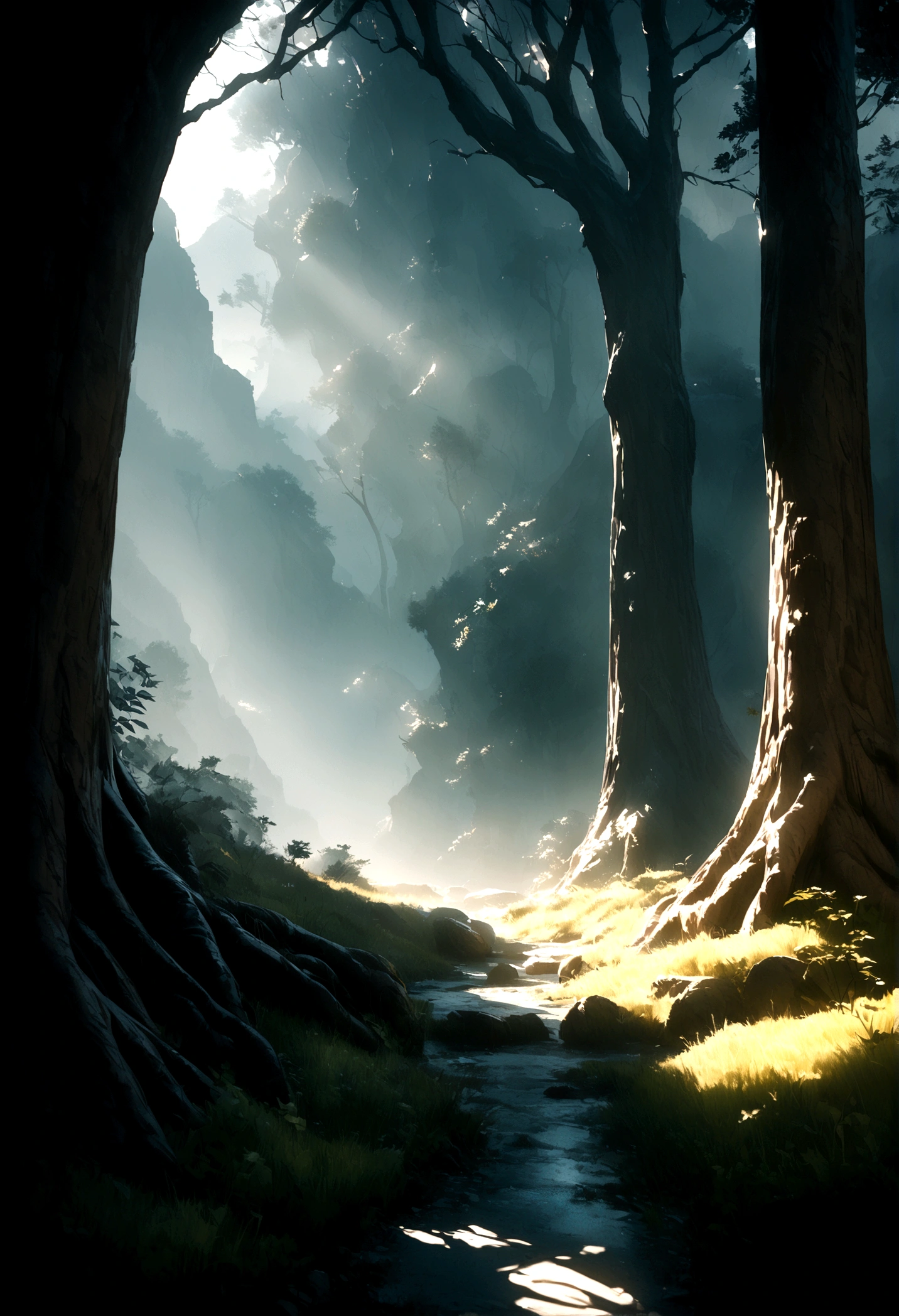 Create a desolate landscape of valley and mountains, shrouded in thick fog, with few rays of sun, with twisted trees and thick trunks, and undergrowth reminiscent of grass and grass, in an ultra-realistic landscape, with dead colors, 4k, cinematic lighting, natural lighting, film grain, cinematic lighting, high detail, photoreal, photorealistic, volumetric lighting and shading  Futanari fuck cum 