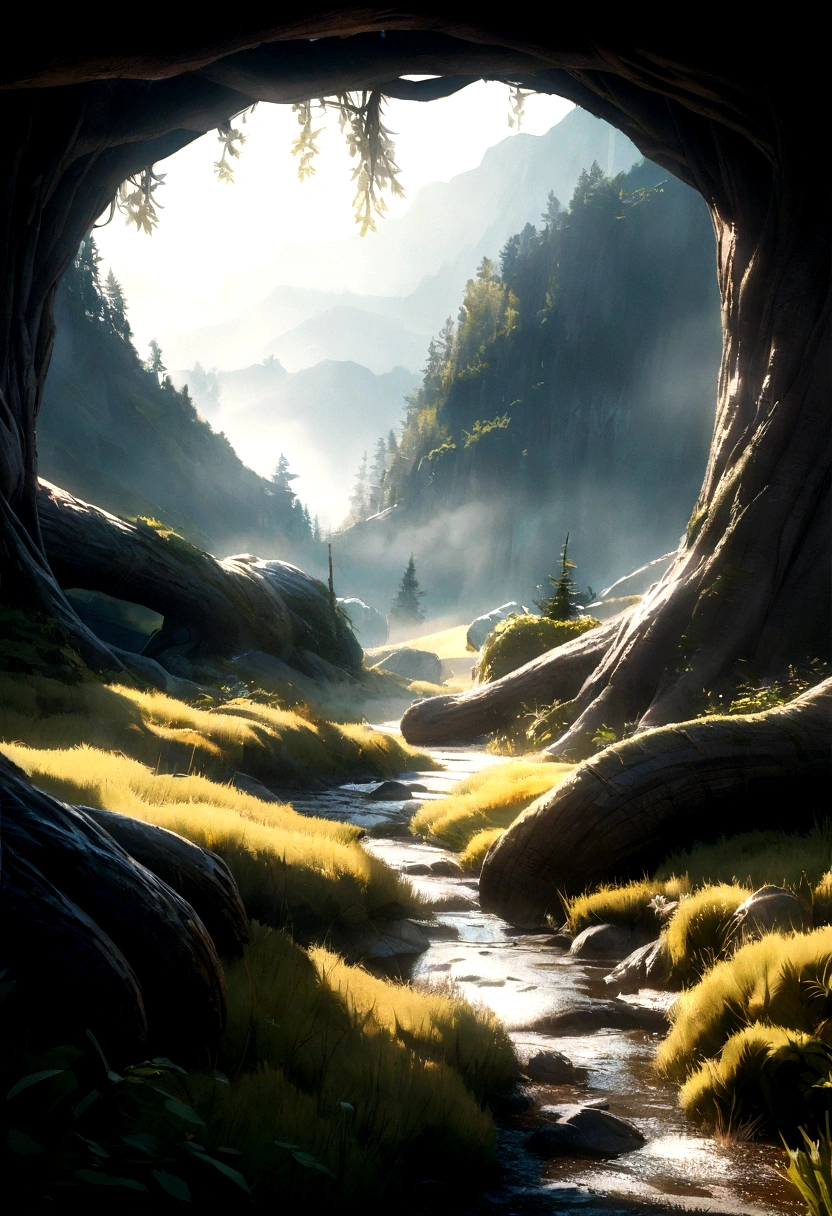 Create a desolate landscape of valley and mountains, shrouded in thick fog, with few rays of sun, with twisted trees and thick trunks, and undergrowth reminiscent of grass and grass, in an ultra-realistic landscape, with dead colors, 4k, cinematic lighting, natural lighting, film grain, cinematic lighting, high detail, photoreal, photorealistic, volumetric lighting and shading  Futanari fuck cum 