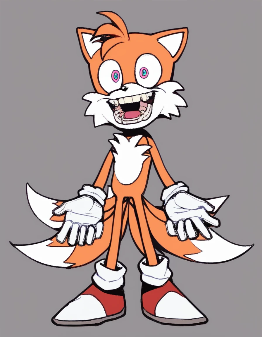 sh_tails, solo, looking at viewer, smile, open mouth, blue eyes, simple background, gloves, 1boy, animal ears, standing, tail, full body, male focus, shoes, teeth, white gloves, pink eyes, grey background, grin, sketch, fox tail, happy, multiple tails, red footwear, furry, wide-eyed, multicolored eyes, furry male, body fur, white fur, constricted pupils, two tails, animal nose, flat color, two-tone fur, fox boy, sonic the hedgehog