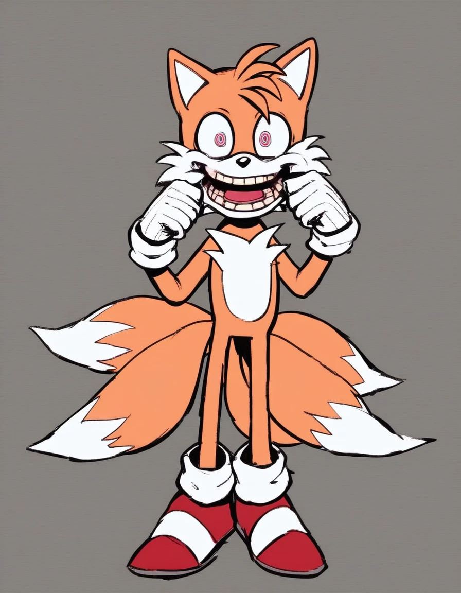 sh_tails, solo, looking at viewer, smile, open mouth, blue eyes, simple background, gloves, 1boy, animal ears, standing, tail, full body, male focus, shoes, teeth, white gloves, pink eyes, grey background, grin, sketch, fox tail, happy, multiple tails, red footwear, furry, wide-eyed, multicolored eyes, furry male, body fur, white fur, constricted pupils, two tails, animal nose, flat color, two-tone fur, fox boy, sonic the hedgehog
