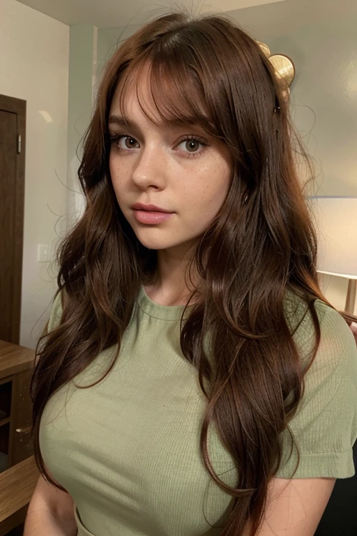 young woman, 21 years. medium brown skin. brunette goddess . long, slightly wavy hair, wine red hair, Red hair, wine hair. Wispy straight bangs. realistic green eyes, eyes glowing green. fleshy lips, flushed lip. slightly rounded face. long and voluminous eyelashes. no-makeup, Make-up natural, freckles on the nose, lightly flushed cheeks. Wearing a short-sleeved army green blouse.