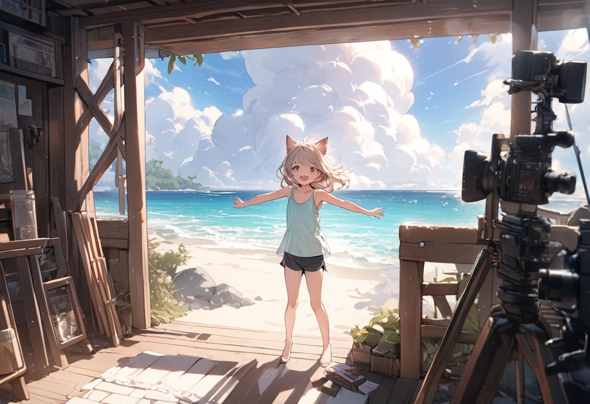 ((Masterpiece)), ((best quality)), (ultra-detailed), ((kawaii)), ((extremely detailed)), 4K, (8K), (super detail:1.2),(High Definition:1.3), (Professional Photography:1.2), cinematic lighting, (sharp focus), (perfect light), ((1girl)), ((12 years old)),8K, Glossy skin, cinematic lighting, 1girl, wide-shot, (Knit fabric tank top), (Cute innocent teenage girl), slendar body, small breast, glossy medium hair, (loose blunt bangs), ((:3)), open mouth, fang out, (grinning), beautiful collarbones, (slightly exposed shoulders), (put on Cat ears), pale brown hair, Hair that flutters in the wind, BREAK, ((best quality)), ((extremely detailed)), Spread arms wide, (Relaxing on the Zanzibar Island), ((Beautiful Seaside Resorts)), sunnyday, Large Cumulonimbus Clouds,