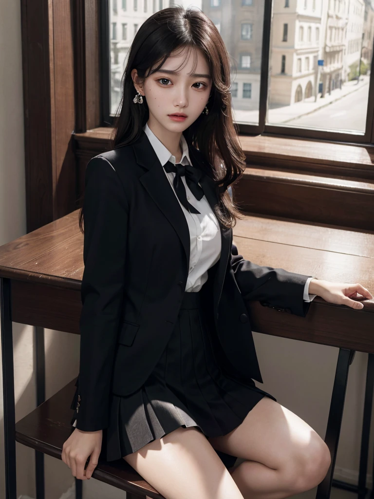 absurdres, RAW photo, extremely delicate and beautiful, masterpiece, Best Quality, ultra high resolution, 32k, hyperrealistic, ultra-detailed, delicate facial features, beautiful detailed woman, tearful mole, earring, medium breasts, (full body shot), medium hair, black hair, (school_uniform), blazer, skirt,