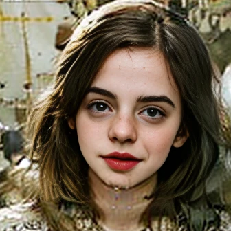 Arafed Mädchen looks like Emma Watson, 18 years old, ((sfw);1.5) com long hair, detalhes faciais, hyper detailed eyes , ((wife bj):1.8), work of art, detailed beautiful sexy wednesday addams. . detailed short and tight leather costume, . esportivo. Hold the revolver. natta. sitting not sofa. . Background stained glass window.