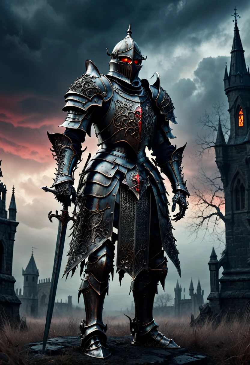(master piece), 8k, best quality, panoramic view, full body view, undead medieval knight, ornate decorative armor, haunting dark atmosphere, brooding evil presence, intricate metalwork, gnarled skeletal hands, glowing red eyes, ominous cloudy sky, moody dramatic lighting, muted earthy color palette