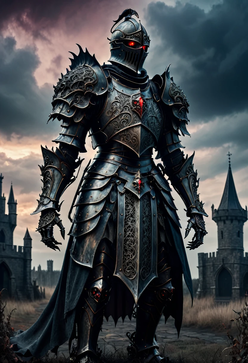 (master piece), 8k, best quality, panoramic view, full body view, undead medieval knight, ornate decorative armor, haunting dark atmosphere, brooding evil presence, intricate metalwork, gnarled skeletal hands, glowing red eyes, ominous cloudy sky, moody dramatic lighting, muted earthy color palette