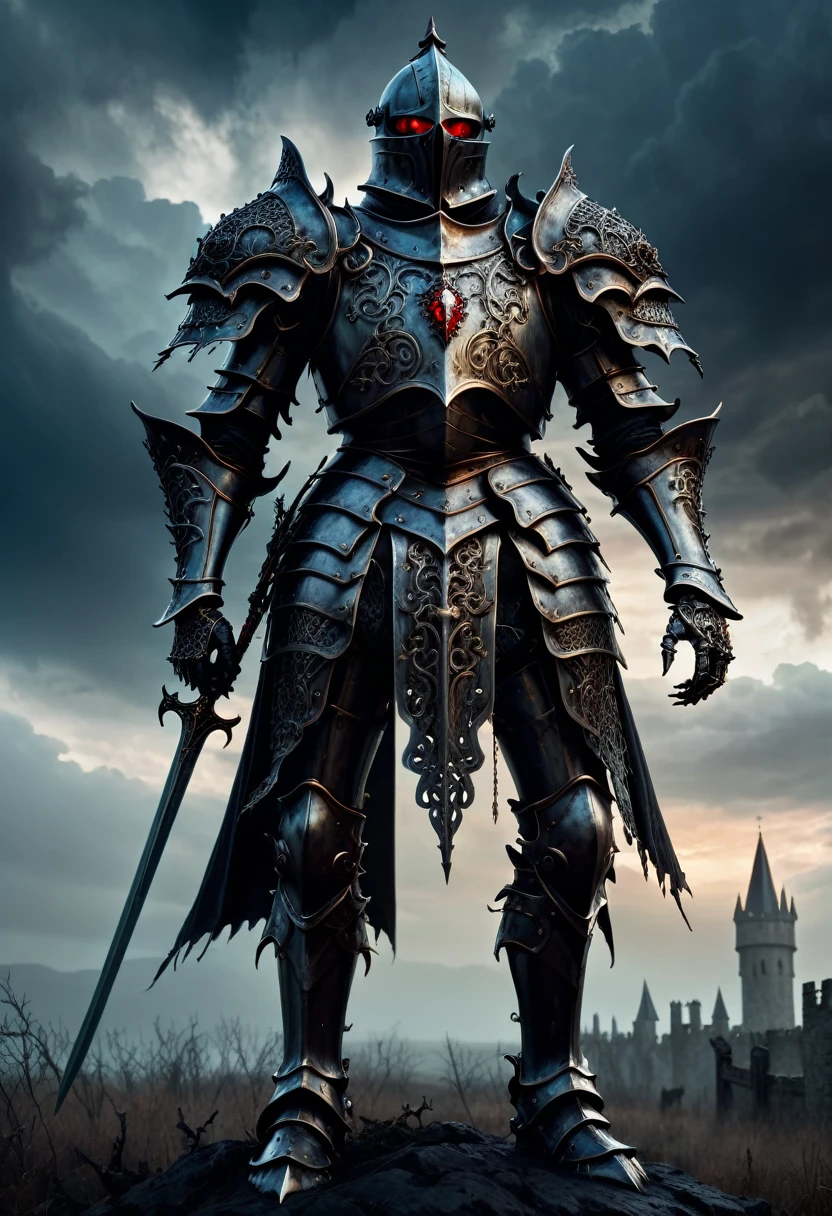 (master piece), 8k, best quality, panoramic view, full body view, undead medieval knight, ornate decorative armor, haunting dark atmosphere, brooding evil presence, intricate metalwork, gnarled skeletal hands, glowing red eyes, ominous cloudy sky, moody dramatic lighting, muted earthy color palette