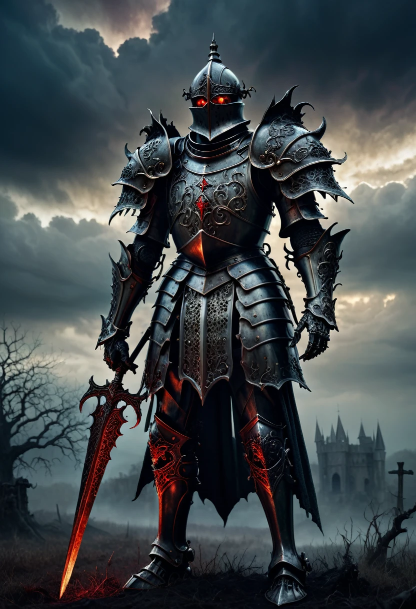 (master piece), 8k, best quality, panoramic view, full body view, undead medieval knight, ornate decorative armor, haunting dark atmosphere, brooding evil presence, intricate metalwork, gnarled skeletal hands, glowing red eyes, ominous cloudy sky, moody dramatic lighting, muted earthy color palette