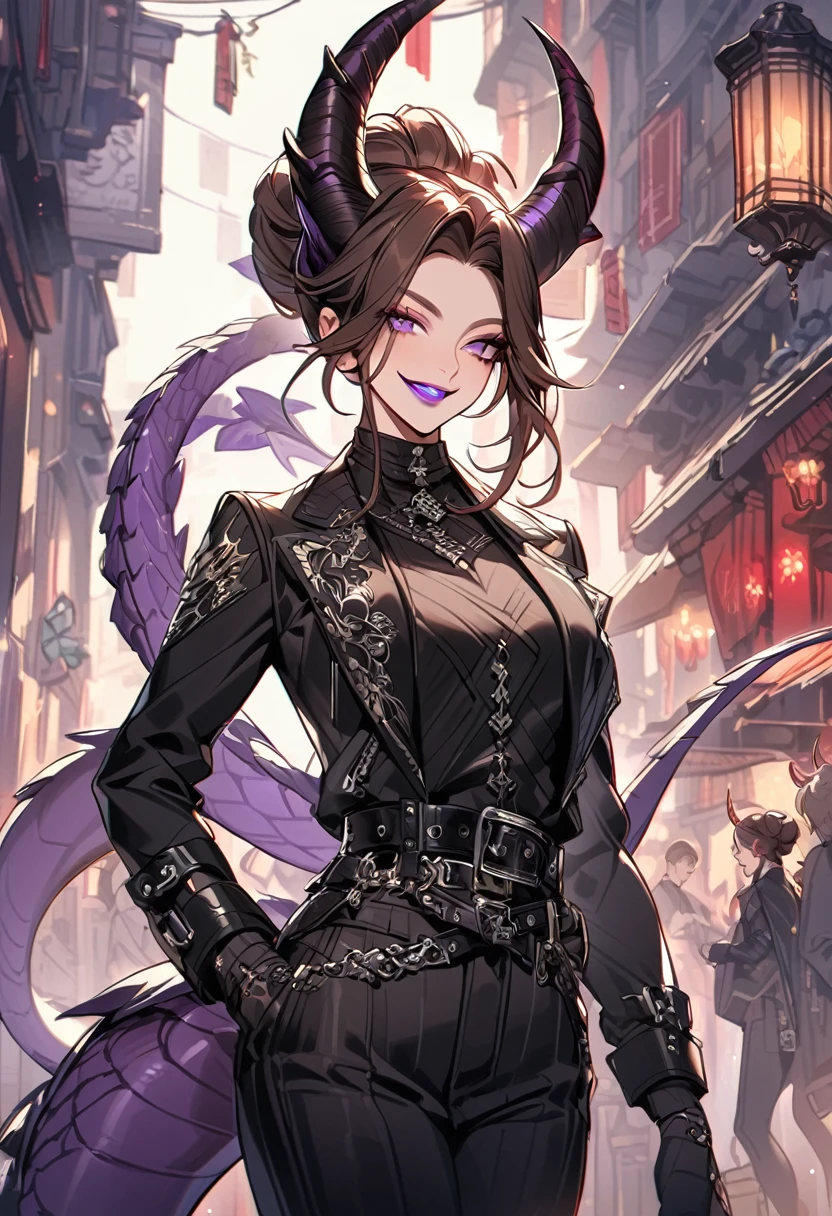 Tall woman, cheeky mad smile, brunette, hair gathered in a low bun, red and black clothes with open chest, purple eyes, dragon tail and horns, belts, pants, many details, light lipstick
