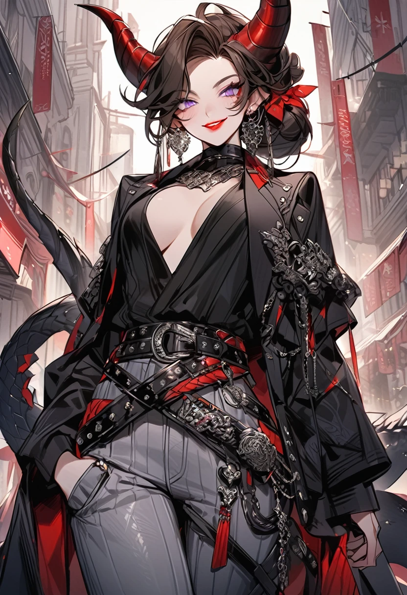 Tall woman, cheeky mad smile, brunette, hair gathered in a low bun, red and black clothes with open chest, purple eyes, dragon tail and horns, belts, pants, many details, light lipstick